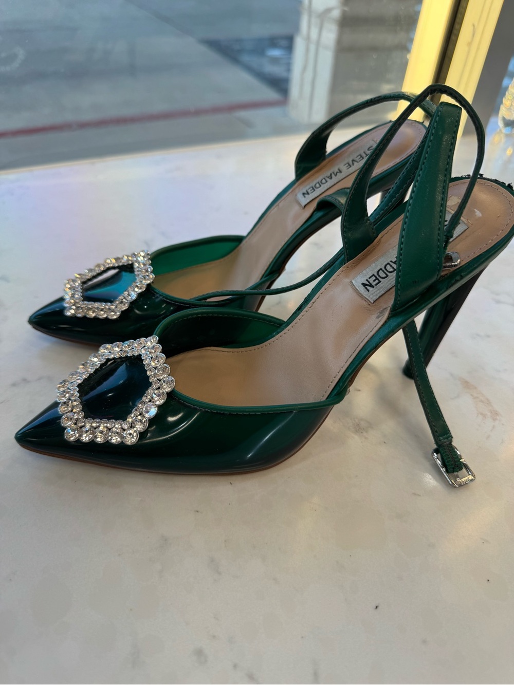 Steve Madden Emerald Patent Slingback Pumps with Crystal Buckle